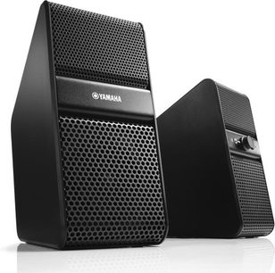 Kompakt Yamaha NX-50 højttaler i sort, to rektangulære sorte højttalere med sekskantet metalgitre, set forfra