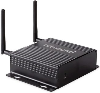 Smart Stream nätverksljudspelare, svart rektangulärt hölje, 2 vertikala antenner, perspektivvy, logotyp på toppen