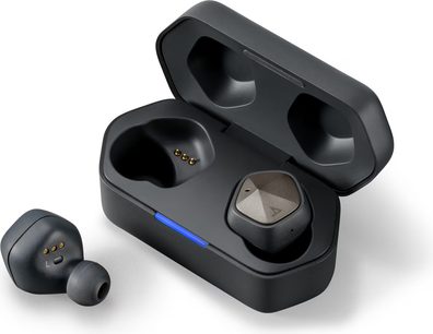 Bezdrátová sluchátka Astell&Kern AK UW100 MKII v matné černé barvě, pohled zepředu a z profilu, s vnitřními ušními nástavci