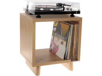 Valnøddetræsmøbel til Enova HIFI Vinyle Lover pladespiller, pladeopbevaring, set forfra på hvid baggrund
