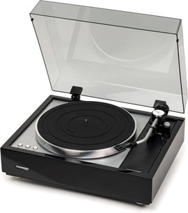 Giradischi hi-fi Thorens TD 1600 con TP160, vista dall'alto, coperchio trasparente sollevato, piatto circolare nero, braccio di lettura argentato, base rettangolare nera, pulsanti metallici sul lato sinistro