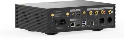 Мережевий аудіоплеєр EverSolo DMP-A6 Gen 2, вид ззаду в перспективі, прямокутний чорний корпус, різноманітні роз'єми, круглі ніжки
