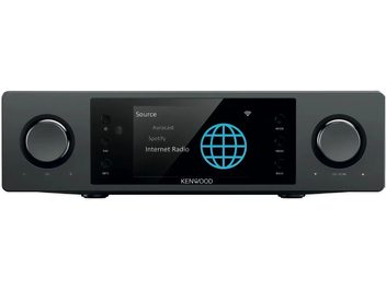 Integrert stereoforsterker Kenwood KSA-DX1 svart, sett forfra, med Internet Radio-skjerm og to dreieknapper