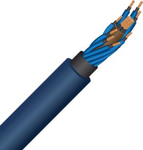 Netledning, set i skråsnit, ydre blå kappe, snoede blå ledere, blotlagte kobbertråde