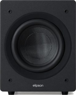 Svart Elipson Classic Sub 8 subwoofer, sett forfra, med synlig høyttalerelement med teksturert membran og hvit logo
