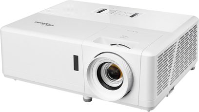 Optoma HZ40 hvid videoprojektor, set forfra og i trekvartprofil, linse til højre, ventilationsriste på siderne