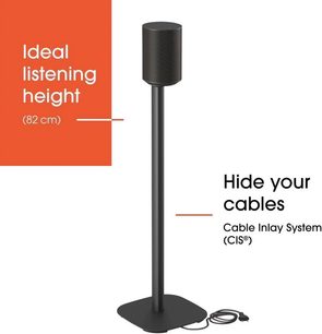 Black Vogel's SFS 4113 speaker stand, slim stem and square base with rounded corners, with black Sonos speaker