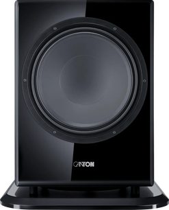 Canton Vento Sub 1 -subwoofer kiiltävän mustana, etunäkymä suurella pyöreällä kaiutinelementillä jalustalla
