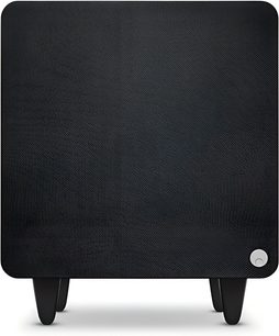 Subwoofer Cambridge Audio MSX Sub 300 černý s textilní mřížkou, čtvercová přední stěna na nožičkách, pohled zepředu