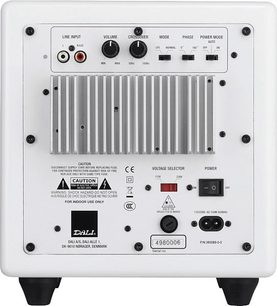 Dali Fazon Sub 1 hvid baskabinetshøjttaler, frontpanel med kontroller og stik, set forfra