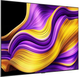 LG OLED83G5 høyoppløselig TV i svart med ekstra tynn metallramme, sett fra venstre forfra i trekvart profil