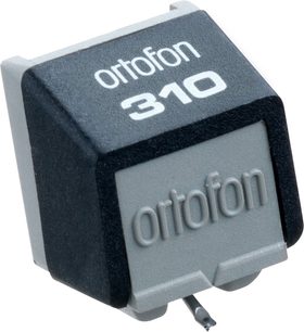 Diamond for Ortofon STYLUS 310 turntable, perspective view, black and gray rectangular case, "ortofon 310" inscription in white