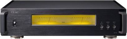 TEAC AP-701 sort effektforstærker, frontpanel med gule vu-metre, knapper og stik, set forfra