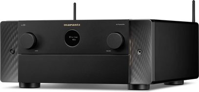 Marantz AV 10 black home theater preamplifier, front view, with buttons and front panel inputs, two Wi-Fi antennas on top