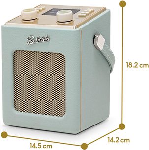 Έξυπνο ηχείο Roberts Mini 2 σε γαλάζιο, συνθετικό δέρμα, χρυσή γρίλια, δύο ροδέλες και επάνω οθόνη, τρισδιάστατη προοπτική (τρία τέταρτα)