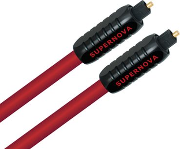 Dva digitální optické kabely v červené a černé barvě, pozlacené konektory Toslink, Wireworld Supernova 7, 1 metr