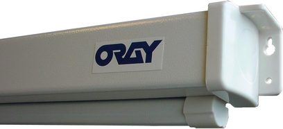 Přenosná ručně skládací projekční plátna Oray v šedé barvě s tmavě modrým logem "ORAY" na hliníkovém pouzdře