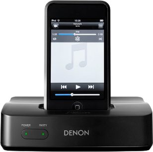Denon ASD-51N sort dockingstation, nærbillede forfra, skærm der viser en lydafspiller med afspilningsknapper