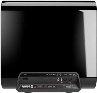 MartinLogan Depth 212 subwoofer i sort højglans, set bagfra med tilslutningspanel og betjeningselementer
