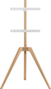 Norstone Pro Vision Wood TV-stativ i lyst træ og hvidt stål, set forfra, trefod med skrå ben, lodret centermast og to perforerede vandrette stænger