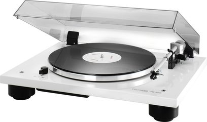 Thorens TD 206 Plattenspieler in Weißlack von oben, Tonarm, schwarzer Plattenteller, durchsichtiger Staubschutzdeckel
