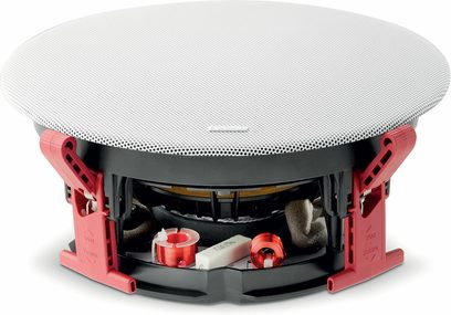 Innebygd takhøyttaler Focal 300 ICW6, profilvisning, hvit sirkulær grill, røde fester, synlige interne komponenter