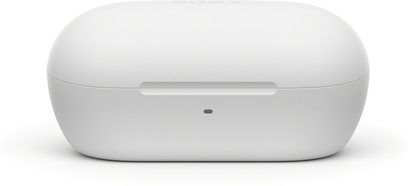 Білий пластиковий корпус зарядного кейсу Sony WF-C710N з матовою поверхнею, овальної форми з гладкою текстурою та центральним світлодіодним індикатором на передній панелі, вид спереду
