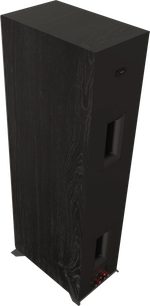 Sloupcový reproduktor Klipsch RP-8000F II ebony edice 2022, černý povrch, pohled zepředu, otevřené dveře odhalující reproduktory