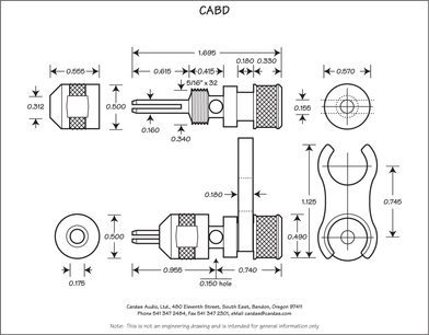Technische Zeichnung mit Abmessungen einer Bananenbuchse und CABD-Gabel von Cardas Audio, Vorder- und Seitenansicht