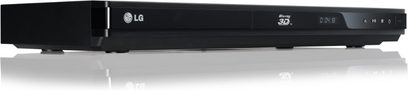 LG BD670 sort 4K Blu-ray-afspiller, frontvisning, blå "3D" LED-display, knapper på toppen