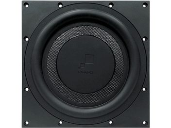 Beépíthető Sonance R10SUB fekete mélynyomó, elölnézet, kör alakú perforált fémrács, középen logóval