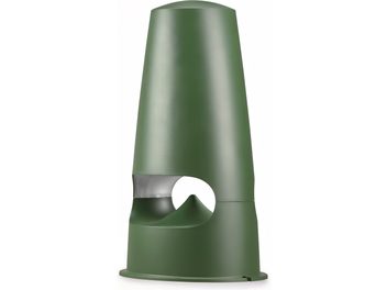 Caixa de som externa Triangle Garden 7 verde, vista frontal, corpo cônico esguio em metal verde fosco com ampla abertura circular central revelando uma grade cinza e base alargada