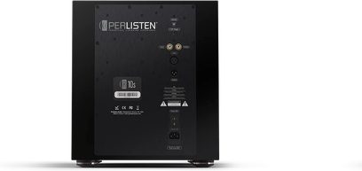 Заден изглед на сабвуфер Perlisten R10s, черен панел с конектори, надписи, лого и видими метални крака