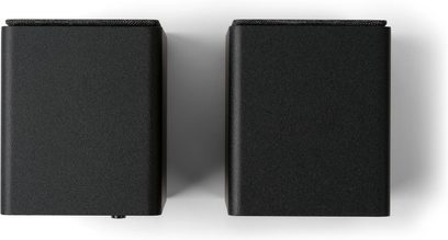 Onkyo GX-10DB siyah kablosuz bağlı hoparlörler, üstten görünüm, yuvarlatılmış köşelere sahip iki dikdörtgen ünite ve üst kısımlarında ızgaralar