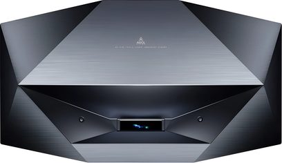 Vidéoprojecteur AWOL Vision Aetherion Pro svart og sølv med fasetter, frontvisning med innfelt sentral linse
