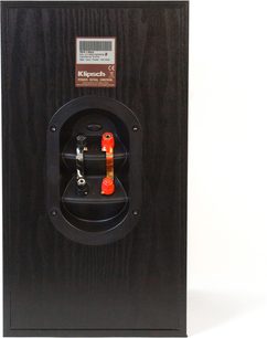 Reproduktorová skříň Klipsch RB-61 MkII černá, pohled zepředu, červený a černý terminál, štítek s označením produktu