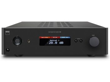 NAD C388 graphite hi-fi amplifier, textured matte front panel, red LCD screen, black rotary and square buttons