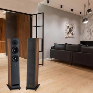 Gulvhøyttalere Davis Acoustics Krypton 6 Classik valnøtt, frontvisning, 3 synlige høyttalerelementer på den ene, tekstilgrill på den andre