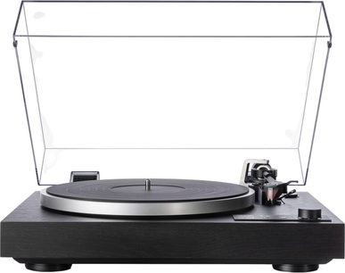 Giradischi hi-fi Dual CS 529 BT nero in legno con piatto metallico grigio, coperchio trasparente in plastica sollevato, braccio di lettura e pulsanti visibili, vista frontale