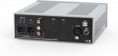 Аудио DAC конвертор Pro-Ject DAC Box RS2 сив, заден изглед с USB, оптични, коаксиални, RCA и XLR портове