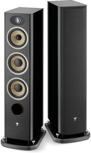 Sloupové reproduktory Focal Aria Evo 936 v černém laku, pohled zepředu, 3 reproduktory, výškový reproduktor nahoře, lesklý černý přední panel