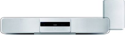 Philips HTS-8150 metallisk grå soundbar med centralt digitalt display, set forfra på hvid baggrund