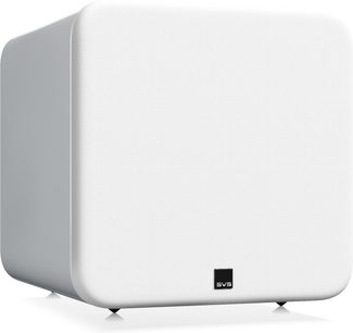 Subwoofer de graves SVS SB-3000 R|Evolution en blanco lacado, diseño cúbico minimalista, vista en tres cuartos frontal
