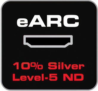Logo "eARC" bianco su sfondo nero, dicitura "10% Silver Level-5 ND" in rosso, forma rettangolare con angoli arrotondati