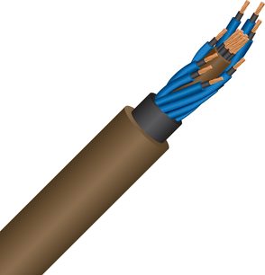 Strømkabel Wireworld Mini Electra 10 Power, cylindrisk brun kappe, blå ledere og eksponeret kobber, set i tværsnit