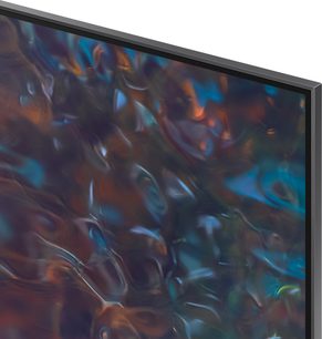 Tv-scherm met kleurrijke abstracte vormen in blauwe, paarse en oranje tinten die aan vlammen doen denken