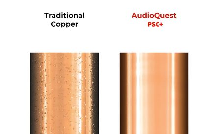 Two vertical cylinders in orange-toned copper, front view, left surface pitted and grainy, right surface smooth and shiny