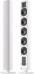 Enceinte sem fio conectada Piega Ace 50 Wireless (TX + RT) branca, vista de frente e de lado, 5 alto-falantes visíveis