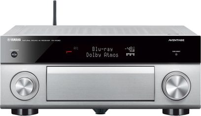 Yamaha RX-A1060 titanium home theater amplifier, brushed metal front panel, red display, buttons, knobs, WiFi antenna