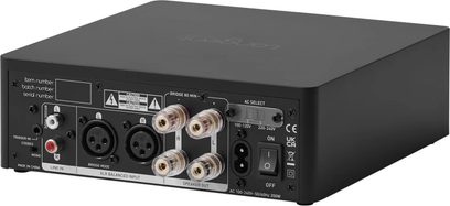 Tangent POWERAMPSTER III sort effektforstærker, bagside med højttalerterminaler, XLR- og RCA-indgange